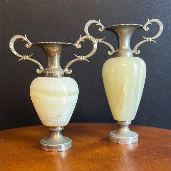 Mid Century Gold Vintage Onyx Alabaster Vases Stone Candle Holders - Picture 1 of 5